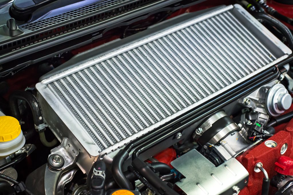 An up-close image of a car radiator.