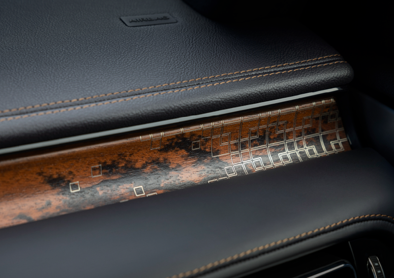 A close-up shot of the 2025 Lincoln Aviator® dashboard with unique black and brown accents, and brown stitching. | Star Lincoln in Southfield MI